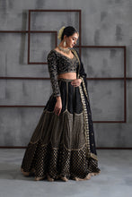 Load image into Gallery viewer, Black embroidered blouse, brocade lehenga and dupatta