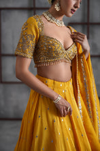 Load image into Gallery viewer, Yellow embroidered blouse, lehenga and dupatta