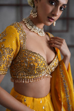 Load image into Gallery viewer, Yellow embroidered blouse, lehenga and dupatta