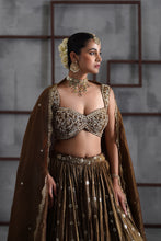 Load image into Gallery viewer, Brown embroidered blouse, lehenga and dupatta