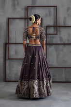 Load image into Gallery viewer, Purple tissue embroidered blouse, lehenga and dupatta