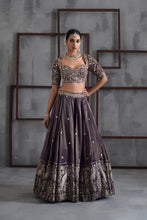 Load image into Gallery viewer, Purple tissue embroidered blouse, lehenga and dupatta