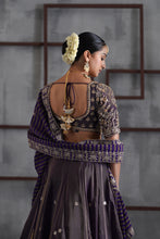 Load image into Gallery viewer, Purple tissue embroidered blouse, lehenga and dupatta