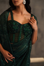 Load image into Gallery viewer, Bottle green embroidered corset and drape saree