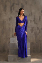 Load image into Gallery viewer, Royal blue embroidered blouse and drape lycra saree