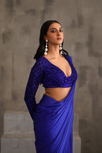 Load image into Gallery viewer, Royal blue embroidered blouse and drape lycra saree