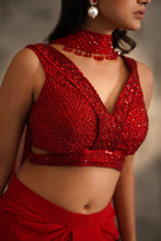 Load image into Gallery viewer, Red embroidered blouse and dhoti skirt, choker dupatta
