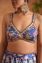 Load image into Gallery viewer, Blue printed and embroidered blouse, lehenga and dupatta