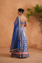 Load image into Gallery viewer, Blue printed and embroidered blouse, lehenga and dupatta