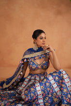 Load image into Gallery viewer, Blue printed and embroidered blouse, lehenga and dupatta