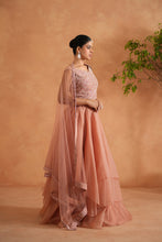 Load image into Gallery viewer, Peach embroidered blouse, lehenga and dupatta