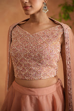 Load image into Gallery viewer, Peach embroidered blouse, lehenga and dupatta