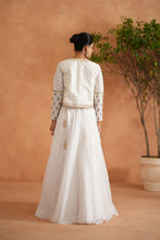 Load image into Gallery viewer, Ivory embroidered bustier, lehenga and short jacket