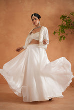 Load image into Gallery viewer, Ivory embroidered bustier, lehenga and short jacket