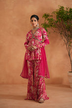 Load image into Gallery viewer, Fuchsia embroidered peplum kurti, garara and dupatta