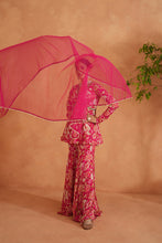 Load image into Gallery viewer, Fuchsia embroidered peplum kurti, garara and dupatta