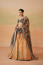 Load image into Gallery viewer, Olive green printed blouse, tie and dye lehenga and printed dupatta