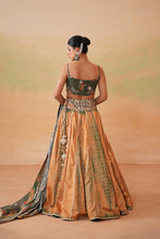 Load image into Gallery viewer, Olive green printed blouse, tie and dye lehenga and printed dupatta