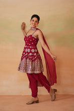Load image into Gallery viewer, Maroon embroidery fabric peplum kurti, tulip salwar and choker dupatta