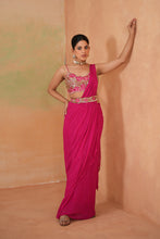 Load image into Gallery viewer, Fuchsia embroidered blouse, drape saree and belt