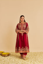 Load image into Gallery viewer, Zoya - Dabka Zardozi Embroidered Rich Banarasi Kalidaar Deep Red Long Chauga Set