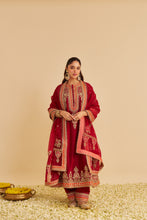 Load image into Gallery viewer, Zoya - Dabka Zardozi Embroidered Rich Banarasi Kalidaar Deep Red Long Chauga Set