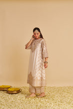 Load image into Gallery viewer, Aqsha - Dabka Zardozi Embroidered Rich Banarasi Daisy Ivory Long Chauga & Palazzo with Dupatta