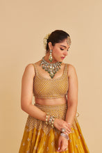 Load image into Gallery viewer, Aashina - Dabka Zardozi Embroidered Pure Tissue Mustard Lehenga Set