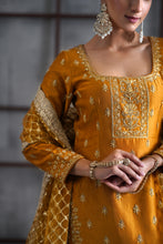 Load image into Gallery viewer, Mustard embroidered kurti, brocade lehenga and dupatta