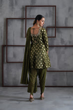 Load image into Gallery viewer, Olive green peplum, tulip salwar and Choker dupatta