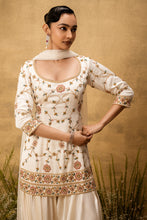 Load image into Gallery viewer, Ivory hand embroidered modal satin suit set with net dupatta