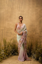 Load image into Gallery viewer, Pastel mint green lilac ombré Pre-stitched hand embroidered organza saree set