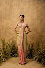 Load image into Gallery viewer, Pastel green & pink ombre Pre-stitched hand embroidered georgette saree set