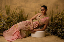 Load image into Gallery viewer, Pastel green & pink ombre Pre-stitched hand embroidered georgette saree set