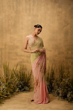 Load image into Gallery viewer, Pastel green & pink ombre Pre-stitched hand embroidered georgette saree set