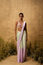 Load image into Gallery viewer, Mint green & lilac ombre pre-draped modal satin saree with embroidered blouse