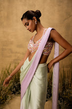 Load image into Gallery viewer, Mint green & lilac ombre pre-draped modal satin saree with embroidered blouse