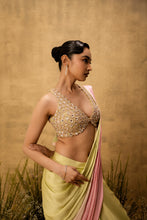 Load image into Gallery viewer, Pastel green & pink ombre pre-draped modal satin saree with embroidered blouse