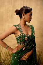 Load image into Gallery viewer, Emerald green Pre-stitched hand embroidered georgette saree set