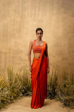 Load image into Gallery viewer, Bright Orange pre-draped modal satin saree with embroidered blouse