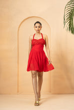 Load image into Gallery viewer, Red cut-out flared mini dress
