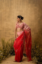Load image into Gallery viewer, Pink ombre Pre-stitched hand embroidered organza saree set