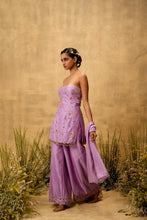 Load image into Gallery viewer, Lilac hand embroidered chanderi silk suit set with organza dupatta