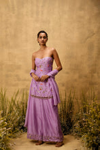 Load image into Gallery viewer, Lilac hand embroidered chanderi silk suit set with organza dupatta