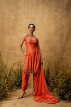 Load image into Gallery viewer, Bright orange hand embroidered chanderi silk suit set with organza dupatta