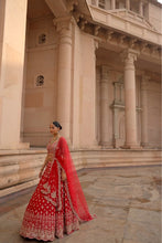 Load image into Gallery viewer, BLOOD RED RAW SILK BRIDAL LEHENGA CHOLI SET WITH TULLE DUPATTA