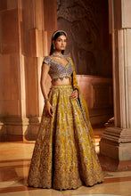 Load image into Gallery viewer, MUSTARD TAFETTA LEHENGA PURPLE CHOLI ORGANZA SET