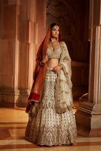 Load image into Gallery viewer, IVORY TAFETTA LEHENGA CHOLI SET WITH A TULLE DUPATTA AND OPTIONAL BANDHEJ SECOND DUPATTA