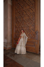 Load image into Gallery viewer, IVORY TAFETTA LEHENGA CHOLI SET WITH A TULLE DUPATTA AND OPTIONAL BANDHEJ SECOND DUPATTA