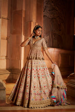 Load image into Gallery viewer, BLUSH PINK RAW SILK LEHENG WITH A PEPLUM TOP AND TULLE DUPATTA